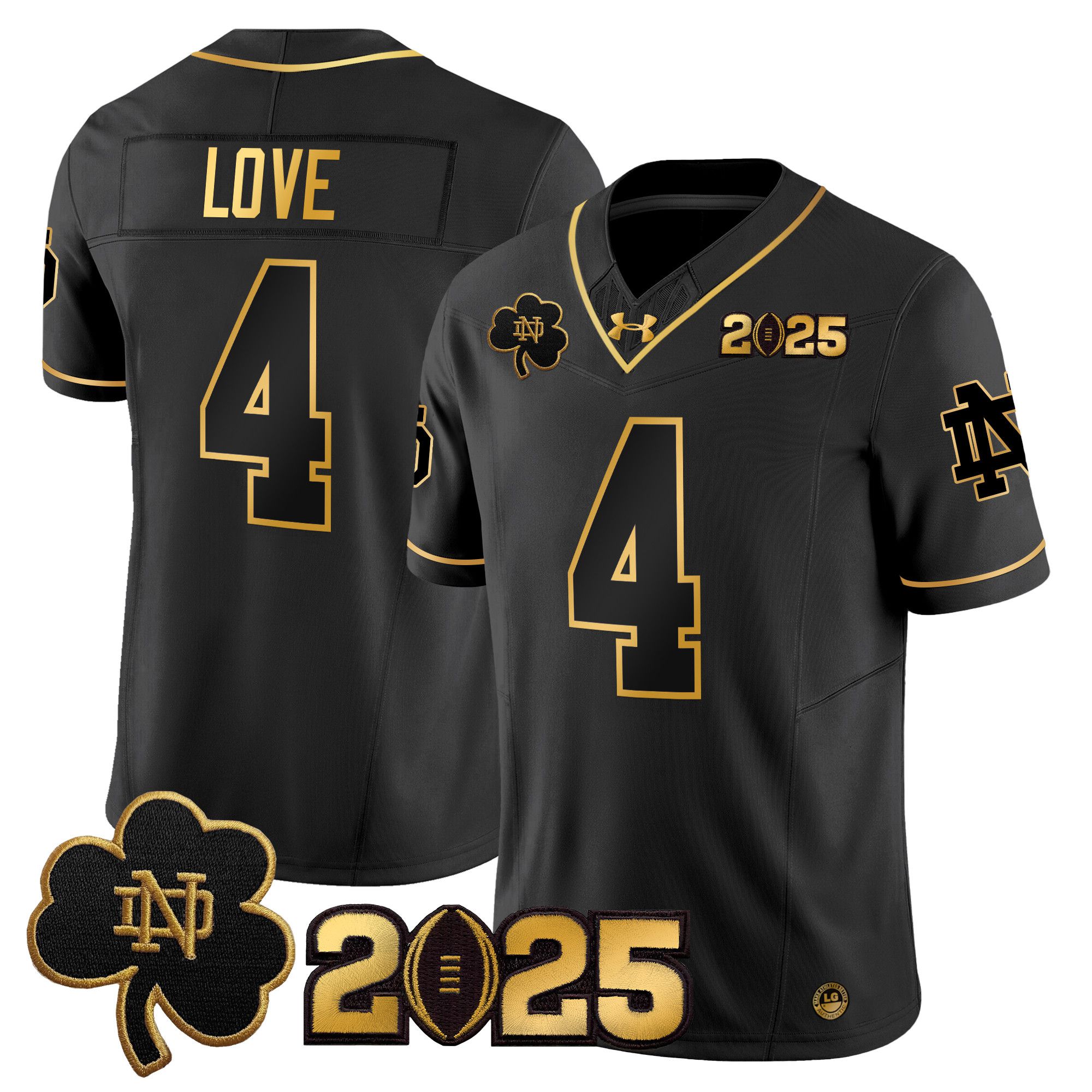 Men Notre Dame Fighting Irish 4 Love Black 2025 CFP Final Patch Gold Vapor Limited NCAA Jersey style 1